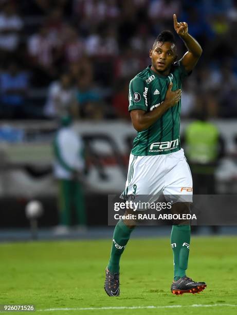 Brazil's Palmeiras player Miguel Borja celebrates his goal against Colombias Atletico Junior during their Copa Libertadores football match at Roberto...