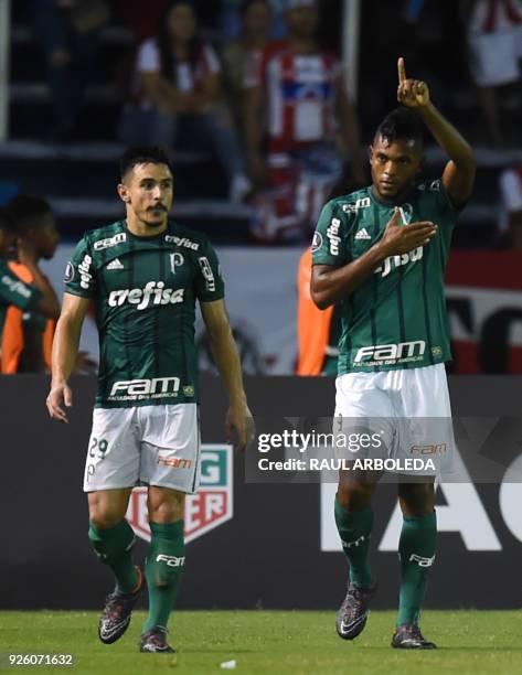 Brazil's Palmeiras player Miguel Borja celebrates his goal against Colombias Atletico Junior during their Copa Libertadores football match at Roberto...