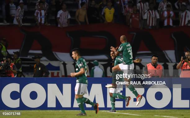 Brazil's Palmeiras player Miguel Borja celebrates with teammates his goal against Colombias Atletico Junior during their Copa Libertadores football...