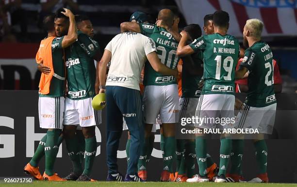Brazil's Palmeiras player Miguel Borja celebrates with teammates his goal against Colombias Atletico Junior during their Copa Libertadores football...