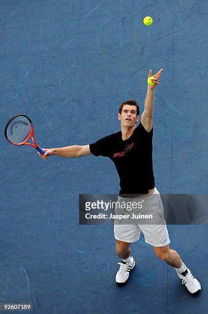 Andy Murray of Great Britain serves the ball during a training session on day one of the ATP 500 World Tour Valencia Open tennis tournament at the...