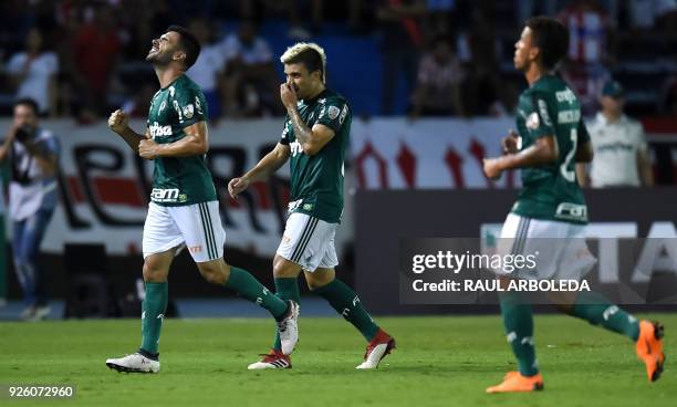 Brazil's Palmeiras player Bruno Henrique celebrates his goal against Colombias Atletico Junior during their Copa Libertadores football match at...