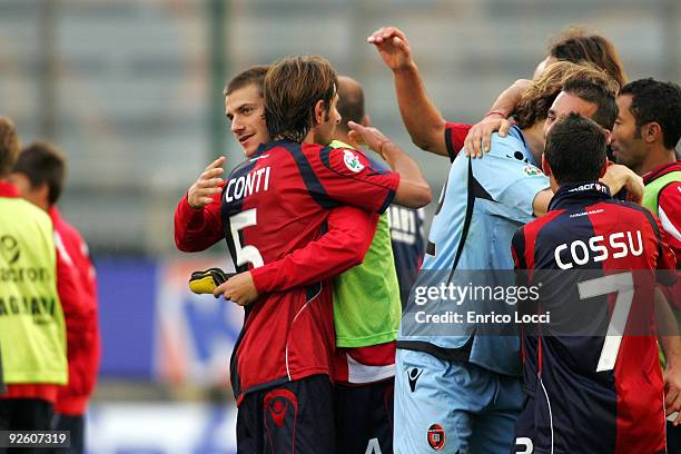 Daniele Conti and Daniele Dessena of cagliari celebrates the winning goal during the Serie A match between Cagliari and Atalanta BC at Stadio...