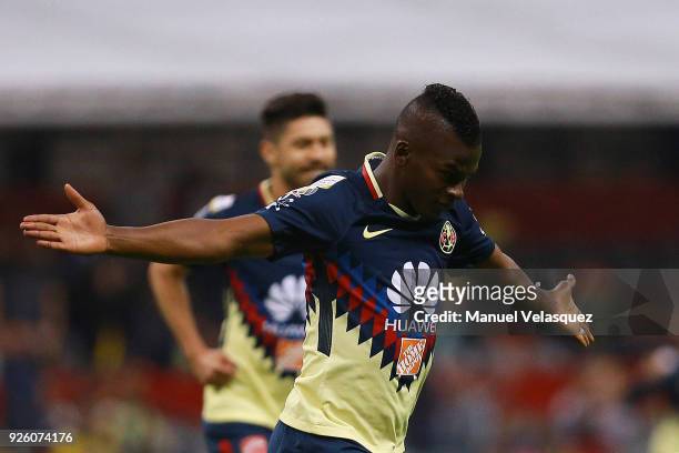 Darwin Quintero of America celebrates after scoring during the match between America and Saprissa as part of the round of 16th of the CONCACAF...
