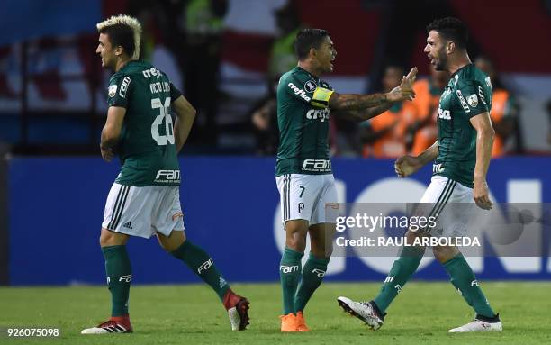 Brazil's Palmeiras player Bruno Henrique celebrates with teammates his goal against Colombias Atletico Junior during their Copa Libertadores football...