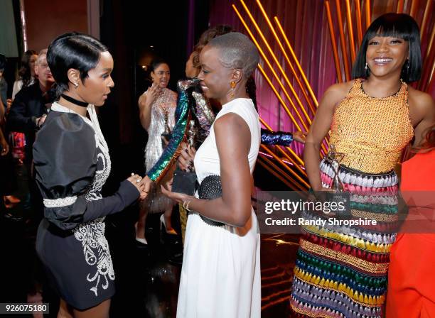 Janelle Monae, Danai Gurira, and Tiffany Haddish onstage during the 2018 Essence Black Women In Hollywood Oscars Luncheon at Regent Beverly Wilshire...