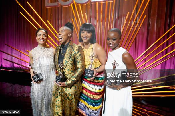 Honorees Tessa Thompson, Lena Waithe, Tiffany Haddish and Danai Gurira onstage during the 2018 Essence Black Women In Hollywood Oscars Luncheon at...