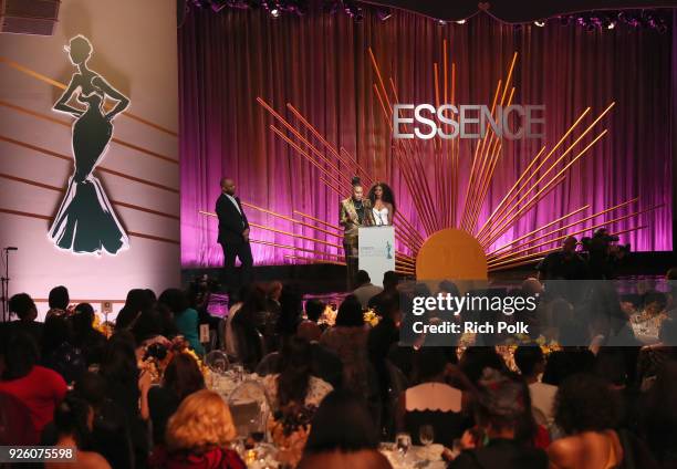 Lena Waithe and Angela Bassett onstage during the 2018 Essence Black Women In Hollywood Oscars Luncheon at Regent Beverly Wilshire Hotel on March 1,...