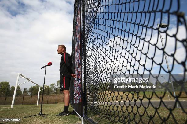 Wanderers coach Josep Gombau speaks to media during a Western Sydney Wanderers A-League training session at Blacktown International Sportspark on...