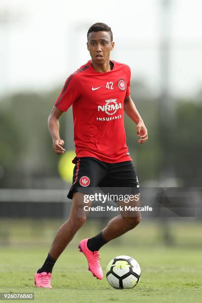 Keanu Baccus in action during a Western Sydney Wanderers A-League training session at Blacktown International Sportspark on March 2, 2018 in Sydney,...