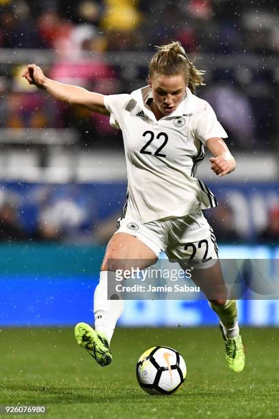 Tabea Kemme of Germany attempts a shot toward the goal in the first half against the US National Team on March 1, 2018 at MAPFRE Stadium in Columbus,...