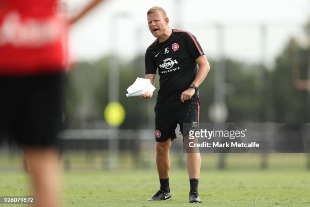 Wanderers coach Josep Gombau talks to players during a Western Sydney Wanderers A-League training session at Blacktown International Sportspark on...