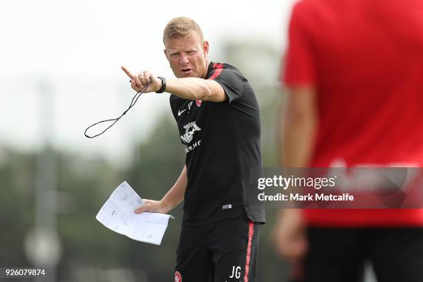 Wanderers coach Josep Gombau talks to players during a Western Sydney Wanderers A-League training session at Blacktown International Sportspark on...