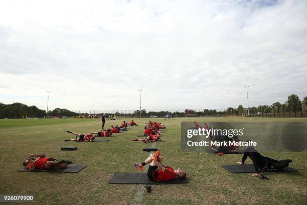 Wanderers players stretch during a Western Sydney Wanderers A-League training session at Blacktown International Sportspark on March 2, 2018 in...