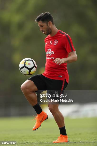 Alvaro Cejudo controls the ball during a Western Sydney Wanderers A-League training session at Blacktown International Sportspark on March 2, 2018 in...