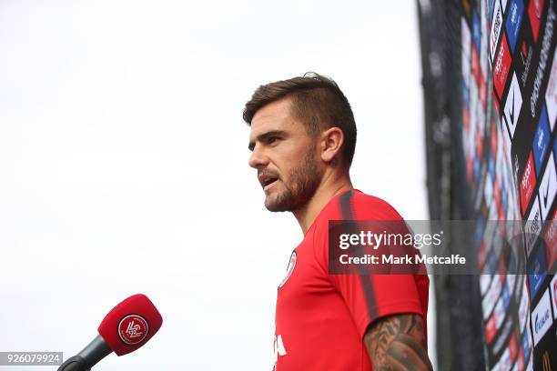 Josh Risdon speaks to media during a Western Sydney Wanderers A-League training session at Blacktown International Sportspark on March 2, 2018 in...