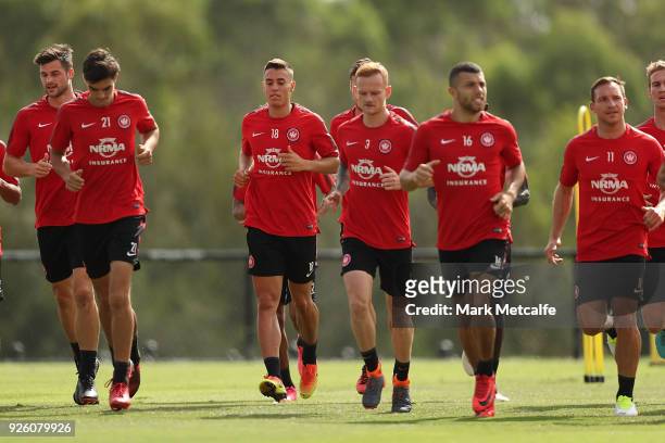 Wanderers players warm up during a Western Sydney Wanderers A-League training session at Blacktown International Sportspark on March 2, 2018 in...