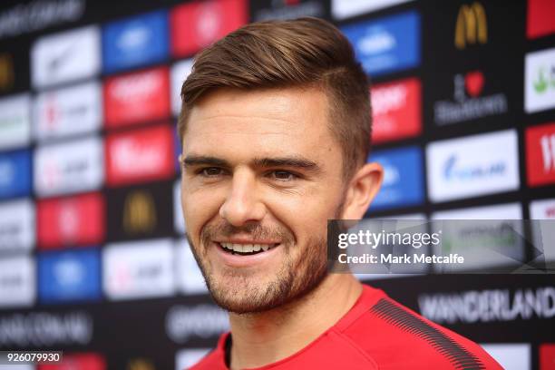 Josh Risdon speaks to media during a Western Sydney Wanderers A-League training session at Blacktown International Sportspark on March 2, 2018 in...