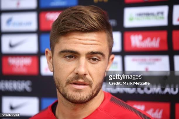 Josh Risdon speaks to media during a Western Sydney Wanderers A-League training session at Blacktown International Sportspark on March 2, 2018 in...