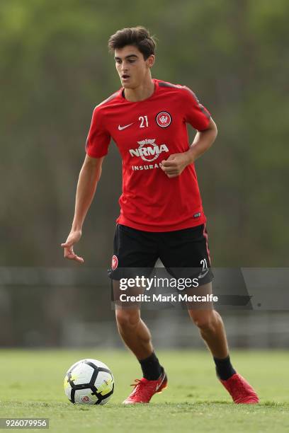 Marc Tokich controls the ball during a Western Sydney Wanderers A-League training session at Blacktown International Sportspark on March 2, 2018 in...