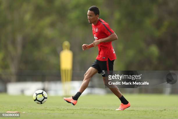 Kearyn Baccus controls the ball during a Western Sydney Wanderers A-League training session at Blacktown International Sportspark on March 2, 2018 in...