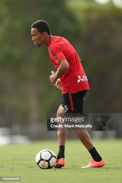 Kearyn Baccus controls the ball during a Western Sydney Wanderers A-League training session at Blacktown International Sportspark on March 2, 2018 in...