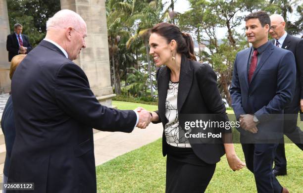 Australian Governor-General Sir Peter Cosgrove greets New Zealand Prime Minister Jacinda Ardern and her partner Clarke Gayford during Ardern's...