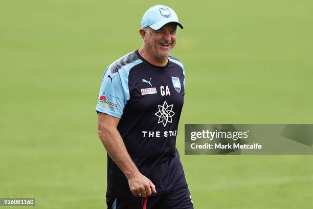 Sydney FC coach Graham Arnold smiles during a Sydney FC A-League training session at Macquarie Uni on March 2, 2018 in Sydney, Australia.