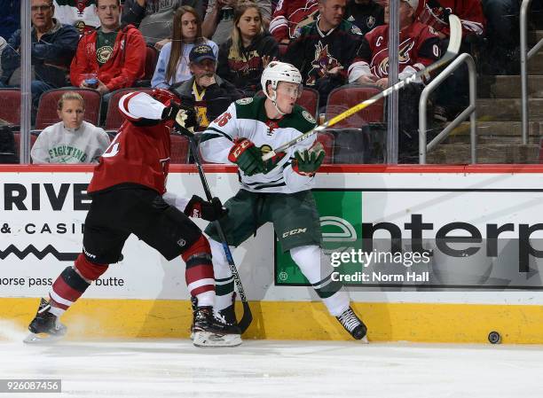 Nick Seeler of the Minnesota Wild and Richard Panik of the Arizona Coyotes battle for the puck along the boards during the first period at Gila River...