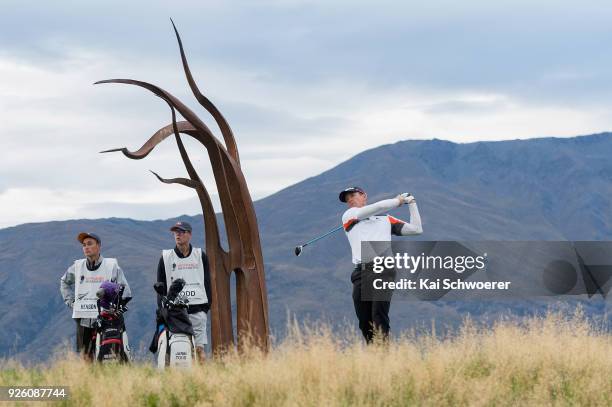 Berry Henson of the United States tees off during day two of the ISPS Handa New Zealand Golf Open at The Hills Golf Club on March 2, 2018 in...