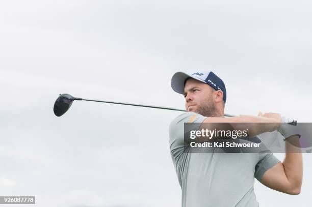 Daniel Nisbet of Australia tees off during day two of the ISPS Handa New Zealand Golf Open at Millbrook Resort on March 2, 2018 in Queenstown, New...