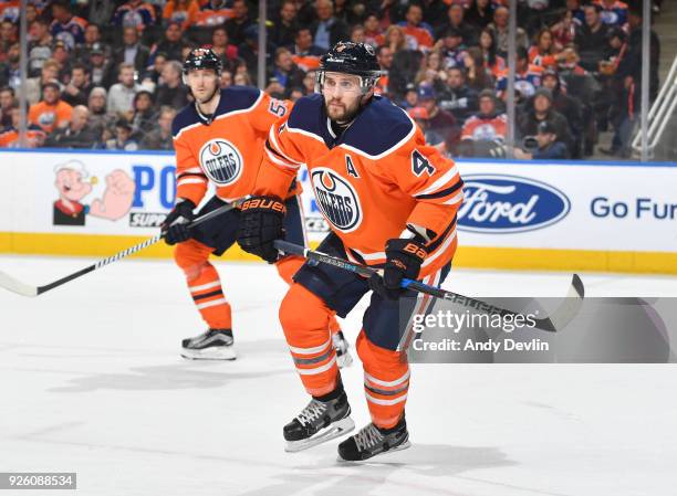 Kris Russell of the Edmonton Oilers skates during the game against the Nashville Predators on March 1, 2017 at Rogers Place in Edmonton, Alberta,...