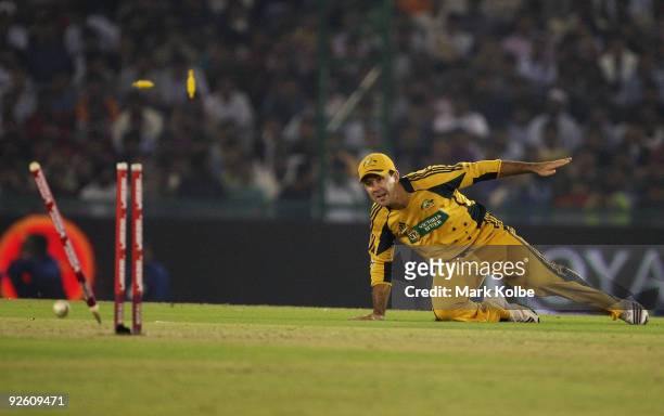 Ricky Ponting of Australia runs out Yuvraj Singh of India with a direct hit during the fourth One Day International match between India and Australia...