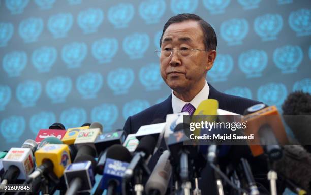 United Nations Secretary General Ban Ki-moon gives a press conference at UN Assistance Mission in Afghanistan offices on November 2, 2009 in Kabul,...
