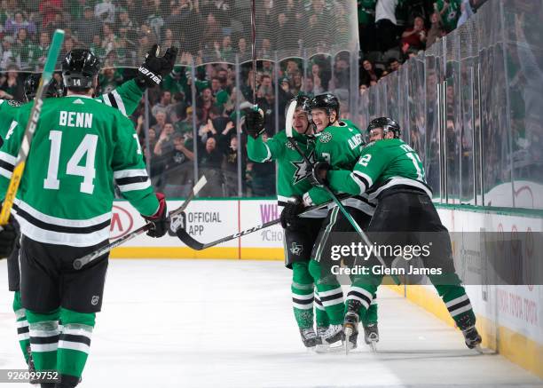 Mattias Janmark, John Klingberg, Radek Faksa and the Dallas Stars celebrates a goal against the Tampa Bay Lightning at the American Airlines Center...