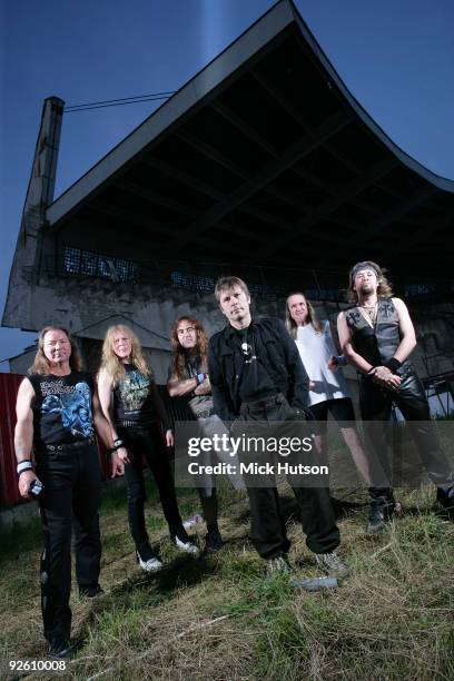 Dave Murray, Janick Gers, Steve Harris, Bruce Dickinson, Nicko McBrain and Adrian Smith of Iron Maiden pose for a group portrait at the Lokomotiv...