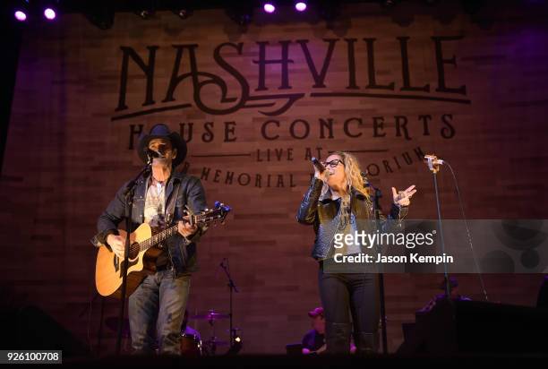 Keith Burns and Heidi Newfield of Trick Pony perform at War Memorial Auditorium on March 1, 2018 in Nashville, Tennessee.