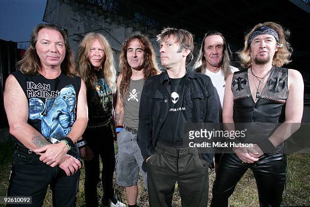 Dave Murray, Janick Gers, Steve Harris, Bruce Dickinson, Nicko McBrain and Adrian Smith of Iron Maiden pose for a group portrait at the Lokomotiv...