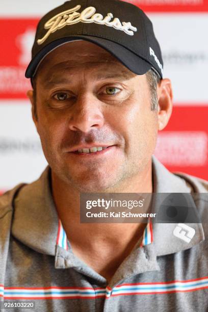 Terry Pilkadaris of Australia speaks to the media during day two of the ISPS Handa New Zealand Golf Open at Millbrook Resort on March 2, 2018 in...