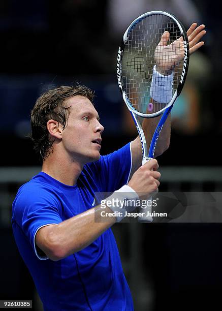 Tomas Berdych of the Czech Republic thanks the fans at the end of his first round match against Paul-Henri Mathieu of France during the ATP 500 World...