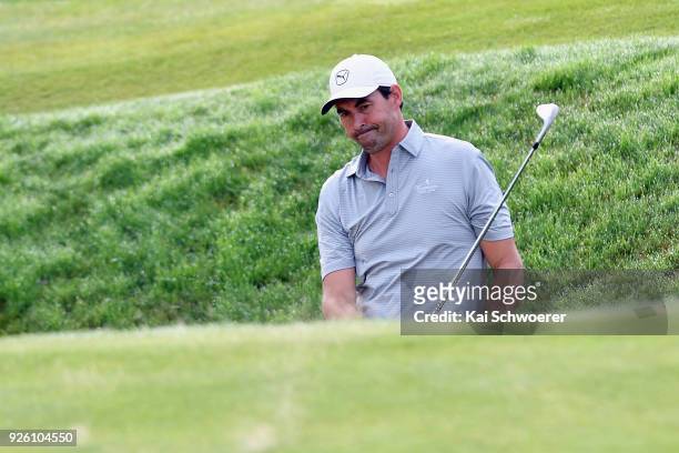 Former New Zealand cricketer Stephen Fleming reacting during day two of the ISPS Handa New Zealand Golf Open at The Hills Golf Club on March 2, 2018...