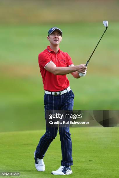 Brendan Jones of Australia plays a shot during day two of the ISPS Handa New Zealand Golf Open at The Hills Golf Club on March 2, 2018 in Queenstown,...