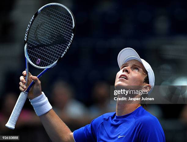 Tomas Berdych of the Czech Republic reacts during his first round match against Paul-Henri Mathieu of France during the ATP 500 World Tour Valencia...