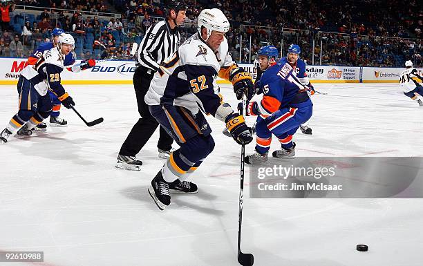 Craig Rivet of the Buffalo Sabres skates against the New York Islanders on October 31, 2009 at Nassau Coliseum in Uniondale, New York. The Isles...