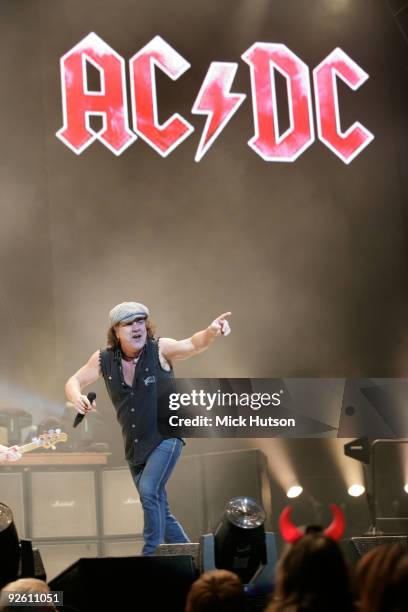 Brian Johnson of AC/DC performs on stage at the Verizon Center in during their 'Black Ice' Tour on November 15th, 2008 in Washington DC, United...