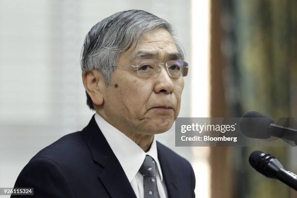 Haruhiko Kuroda, governor of the Bank of Japan , prepares to speak during a confirmation hearing for another term as central bank governor at a lower...