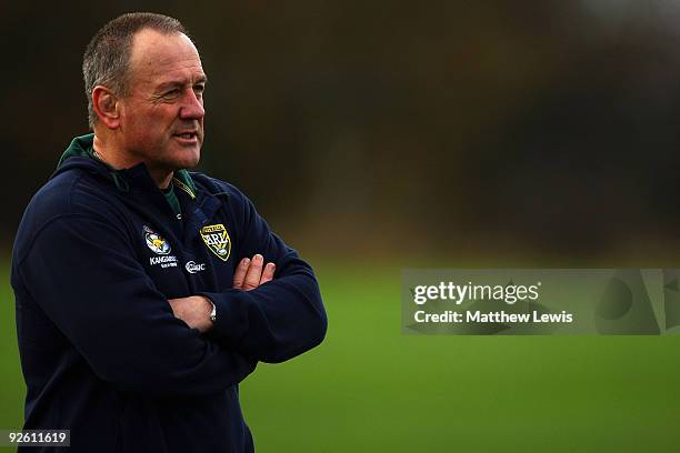 Tim Sheens, Coach of the VB Kangaroo Australian Rugby League Team in action during a training session at Leeds Metropolitan University Sports Centre...