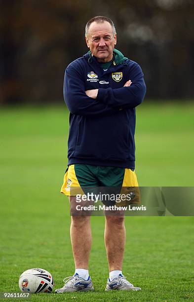 Tim Sheens, Coach of the VB Kangaroo Australian Rugby League Team looks on during a training session at Leeds Metropolitan University Sports Centre...