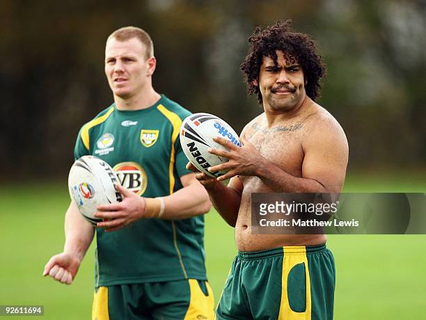 Luke Lewis and Sam Thaiday of the VB Kangaroo Australian Rugby League Team in action during a training session at Leeds Metropolitan University...