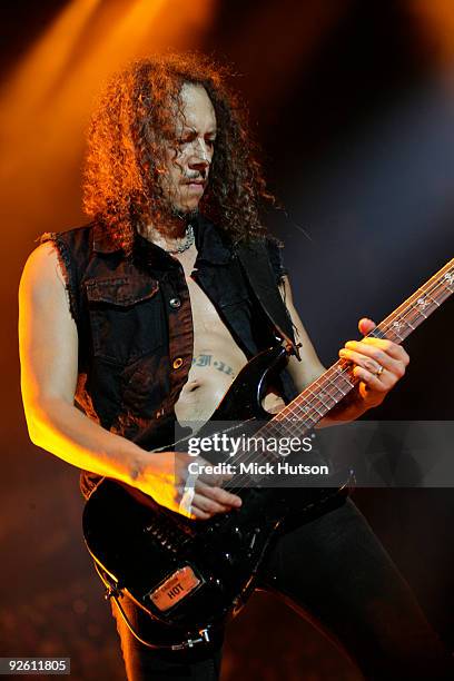 Kirk Hammett of Metallica performs on stage at the O2 Arena on September 15th, 2008 in London.